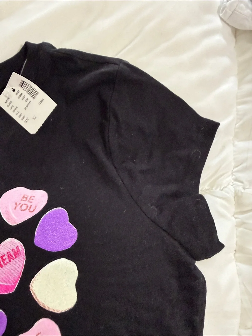 Justice Black Short Sleeve Tee with Pink, Purple & Cream Heart Candy Graphic
